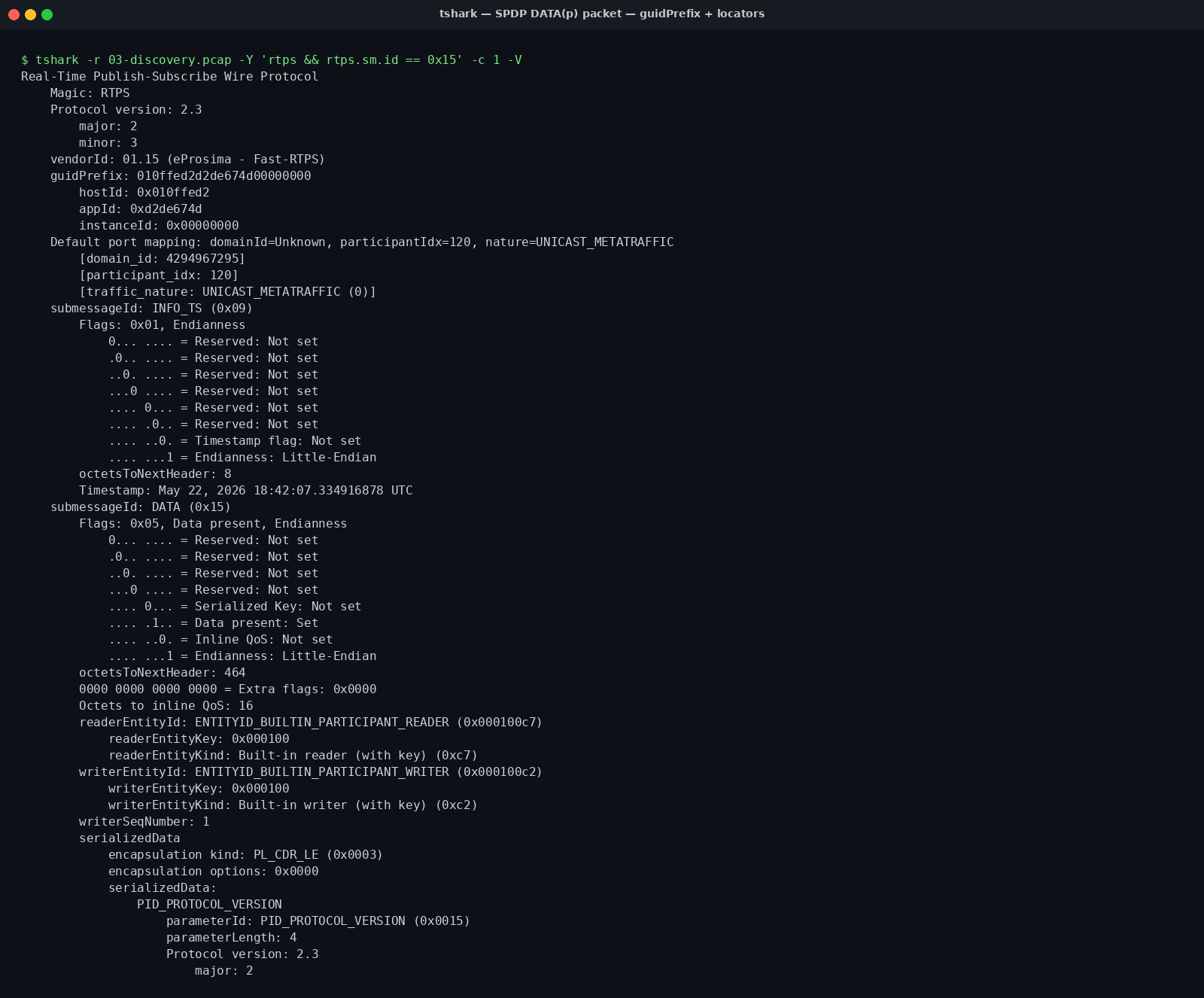 A selected RTPS SPDP DATA packet in Wireshark, expanded to show GuidPrefix, ProtocolVersion, ParticipantData, and unicast/multicast locator lists