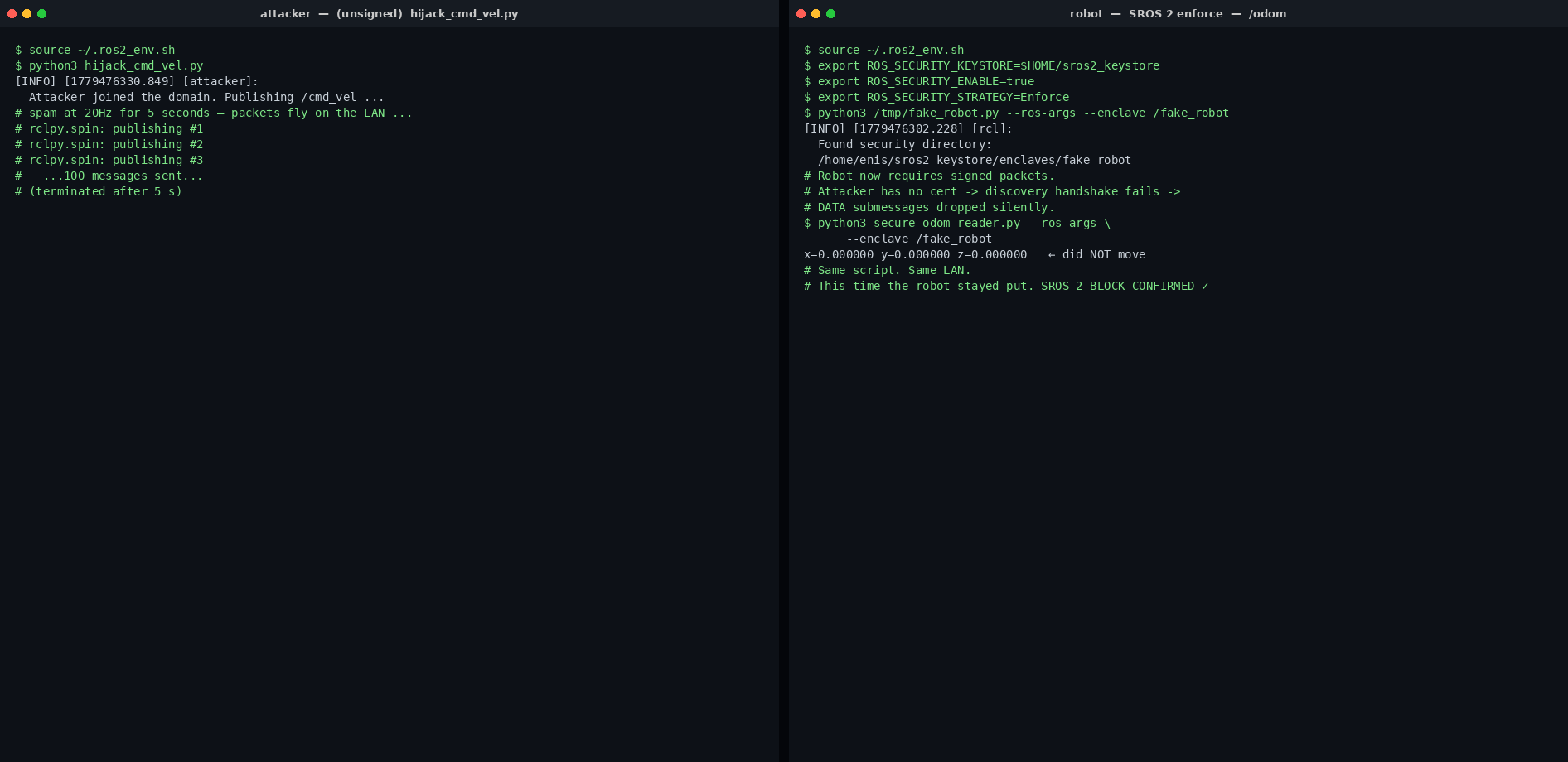 With SROS 2 enforce on, the same attack script runs but the robot doesn't move. The terminal shows authentication failure messages